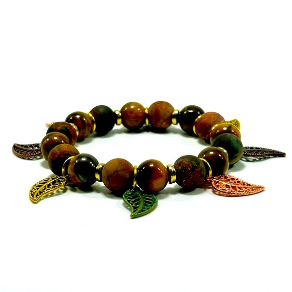 Handmade Fall Leaf Charm Bracelet Featuring Natural Tiger Eye Gemstones! - Picture 5 of 6